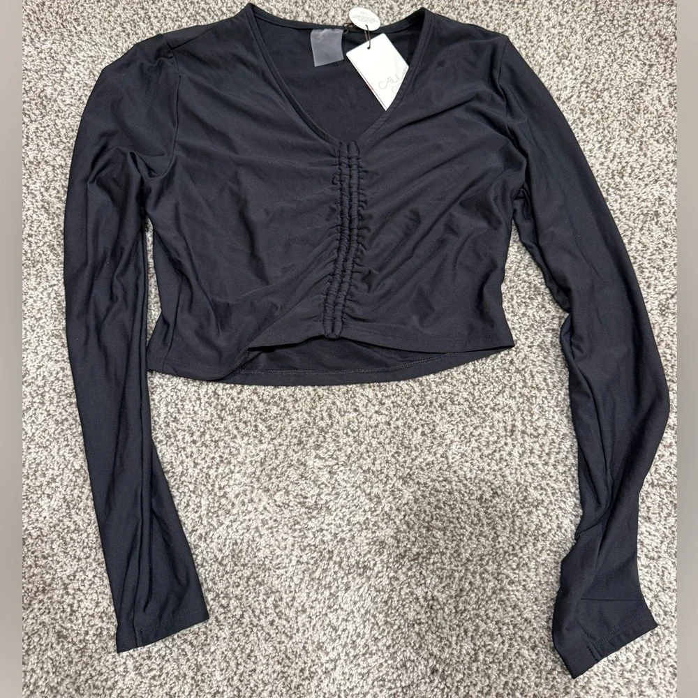 NWT Calia Long Sleeve Ruched Swim Rash-guard BLACK-**Size MEDIUM**‎